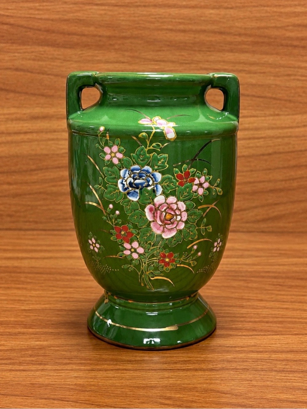 Vintage 1940s 50s Made in Japan Green Floral Double Handle Vase Gold